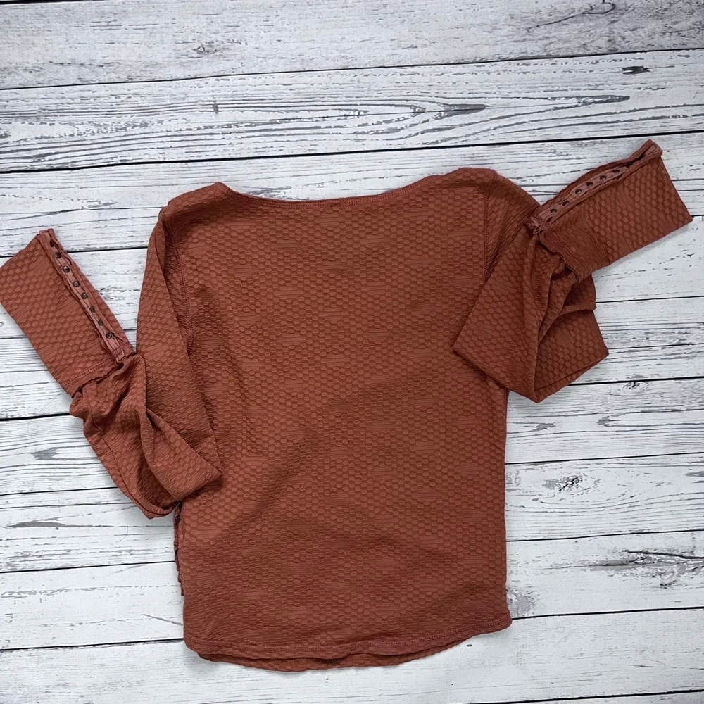 FREE PEOPLE Textured Ruched‎ Cinch Wrap Top Rust Brown Boho Chic Hippie Size S
